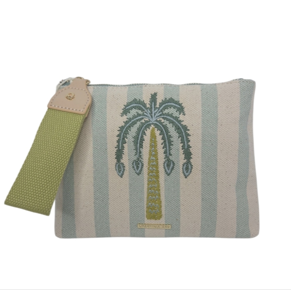 Spartina 449 Carina Wristlet Striped Canvas Embroidered Sea Foam Palm NWT